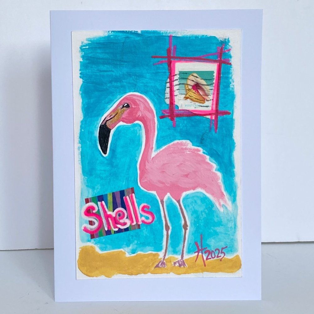 Flamingo Shells Art Handmade Original Blank Greeting Card and Envelope Suitable